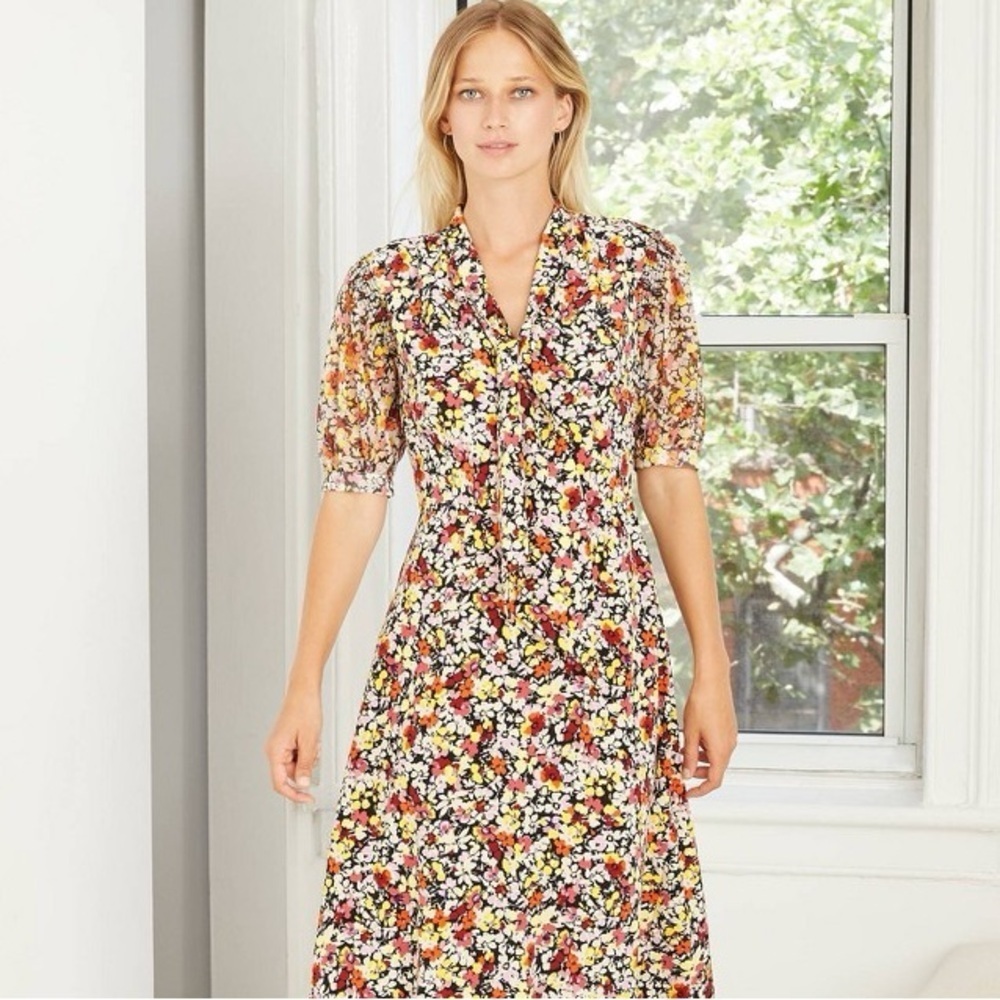 Who What Wear Sz Large FLAWED Floral Midi Length Summer Dress Sheer Puff Sleeves - Picture 1 of 10